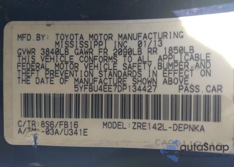 2013 Toyota Corolla Le из США, поврежденный, VIN 5YFBU4EE7DP134427